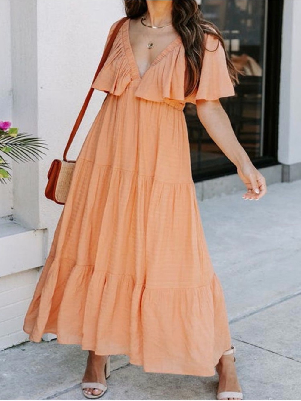Peach Ruffle V-Neck Maxi Dress